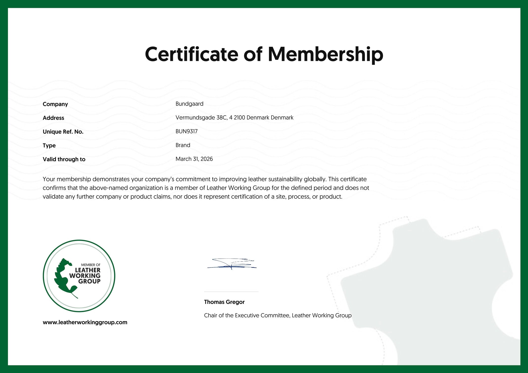 Bundgaard Leather Working Group (LWG) certificeringsbevis